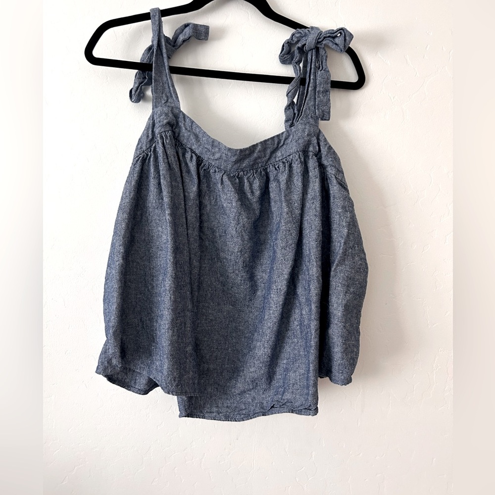 A.N.A Blue Linen Square Neck Sleeveless Tie Strap Tank Top
